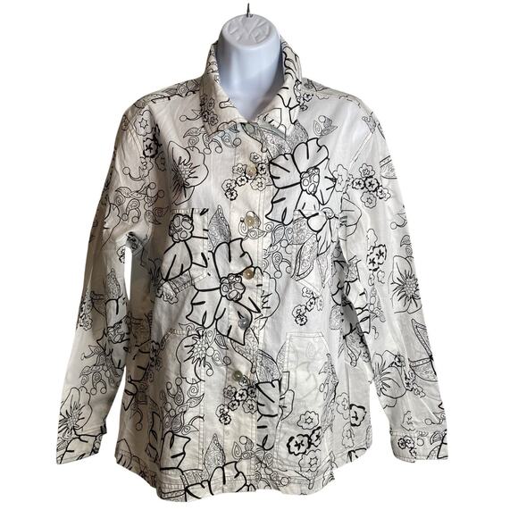 Chico's Women's White Black Art To Wear Floral Button Up Blouse Size 3 XL Boho - Picture 1 of 12